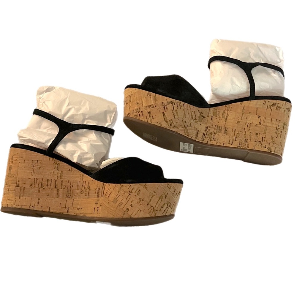 NWT $180 SCHUTZ | Heloise | Suede | Cork Platform Wedges in Black - Picture 5 of 12
